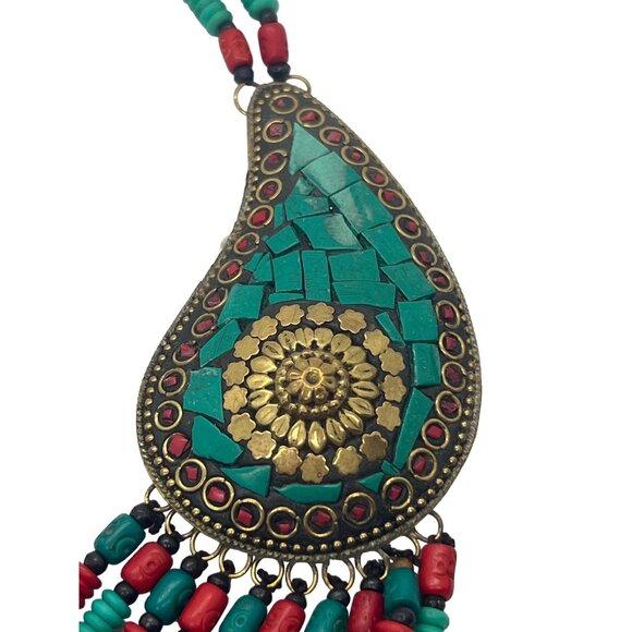 Red Turquoise Resin Bead Brass Necklace Fish Dangle Earrings Tribal Ethnic 20" - Picture 4 of 9